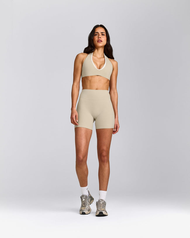 SoftMotion™ High Waisted Shorts 6" with Grey Logo | Oatmeal