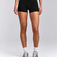 SoftMotion™ Mid Rise Micro Shorts 4" with Gray Logo | Black