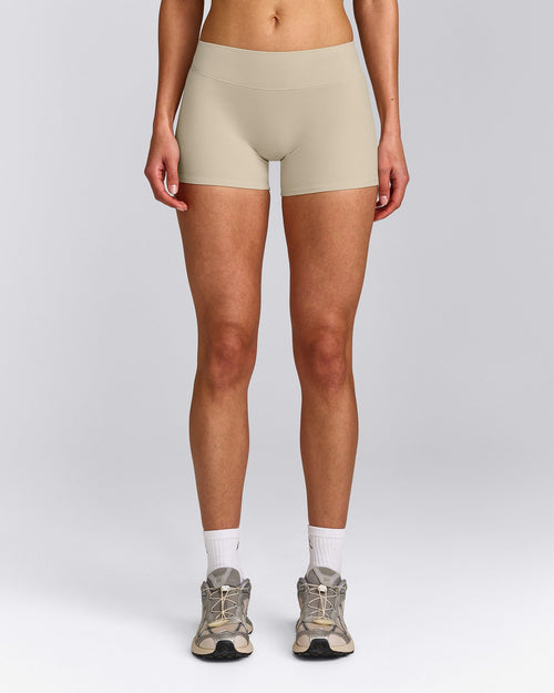 SoftMotion™ Mid Rise Micro Shorts 4" with Gray Logo | Oatmeal