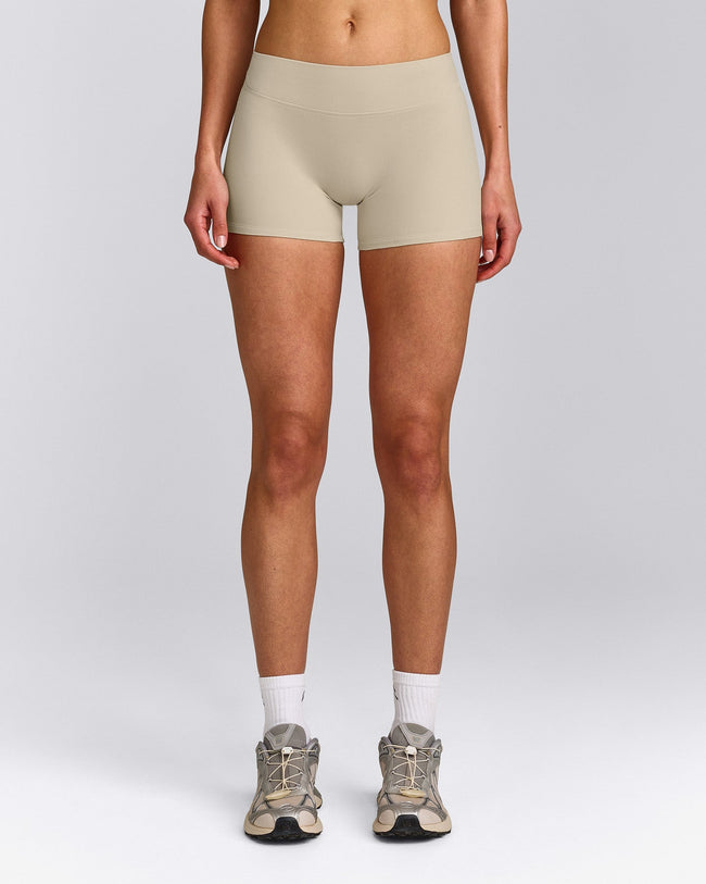 SoftMotion™ Mid Rise Micro Shorts 4" with Grey Logo | Oatmeal