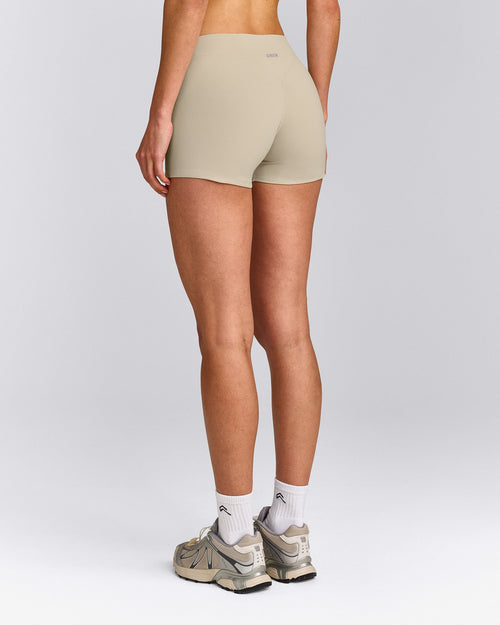 SoftMotion™ Mid Rise Micro Shorts 4" with Gray Logo | Oatmeal