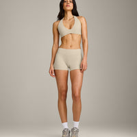 SoftMotion™ Mid Rise Shorts 4" with Grey Logo | Oatmeal