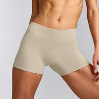 SoftMotion™ Mid Rise Micro Shorts 4" with Grey Logo | Oatmeal