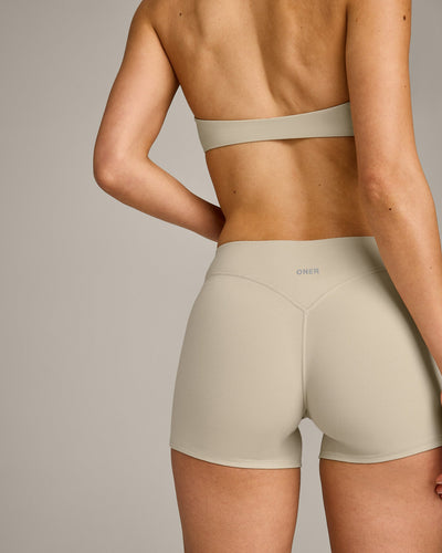 SoftMotion™ Mid Rise Shorts 4" with Grey Logo | Oatmeal