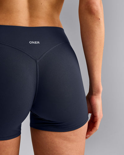 SoftMotion™ Mid Rise Micro Shorts 4" with Grey Logo | True Blue
