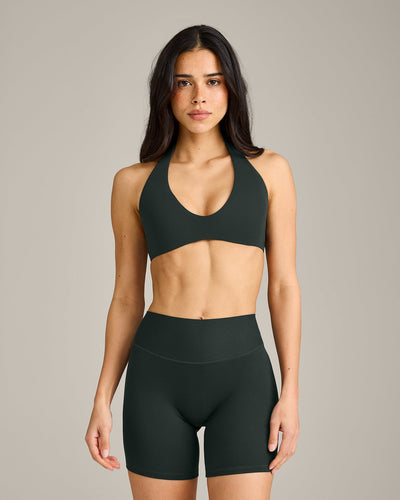 SoftMotion™ Minimal Halter Neck Bralette with Grey Logo | Emerald Noir