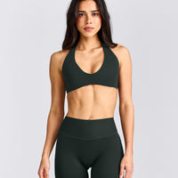 SoftMotion™ Minimal Halter Neck Bralette with Grey Logo | Emerald Noir
