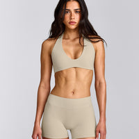 SoftMotion™ Minimal Halter Neck Bralette with Grey Logo | Oatmeal