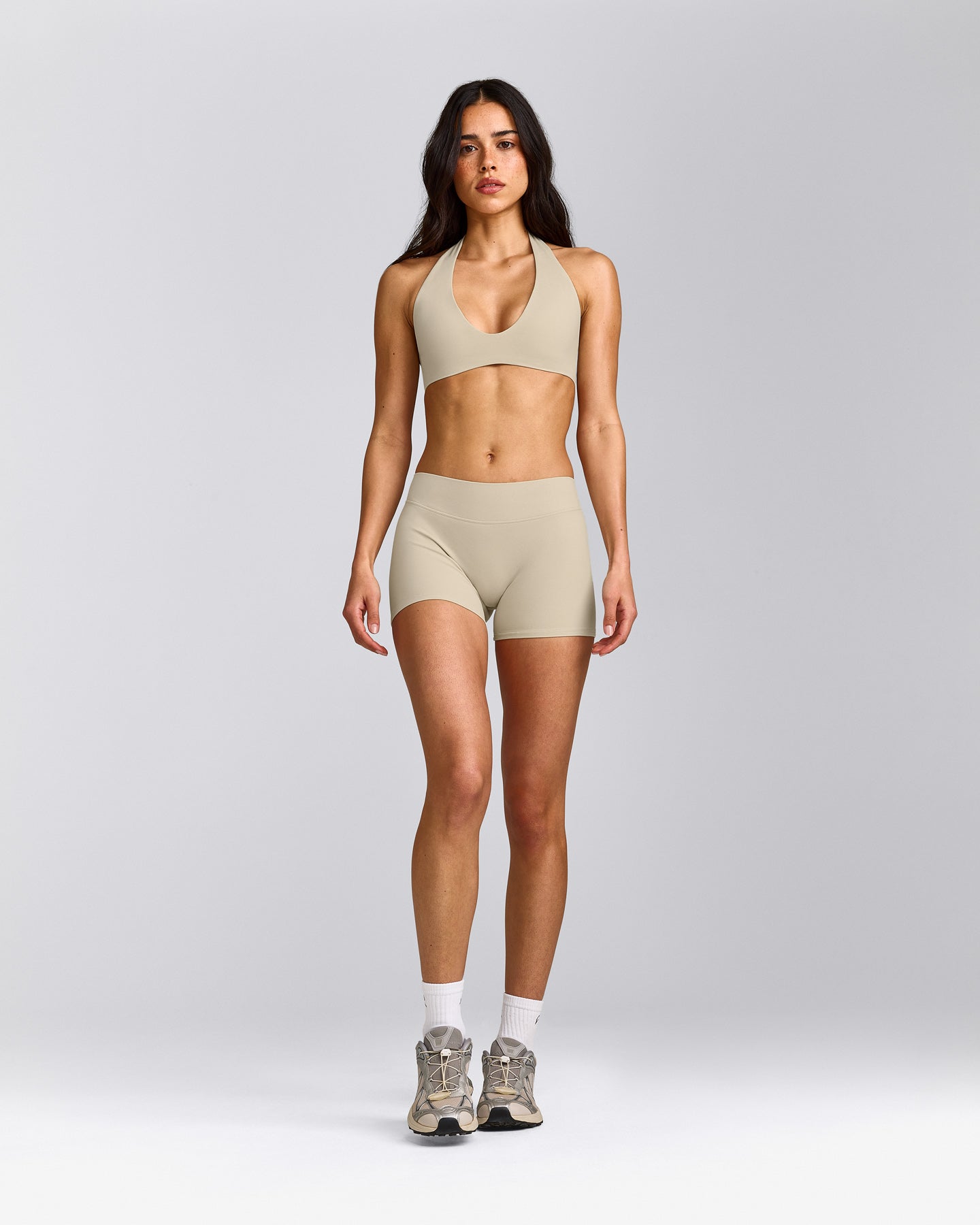 SoftMotion™ Minimal Halter Neck Bralette with Grey Logo | Oatmeal