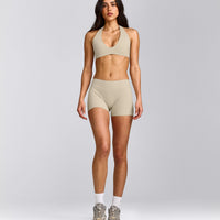 SoftMotion™ Minimal Halter Neck Bralette with Grey Logo | Oatmeal