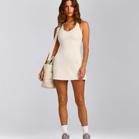 SoftMotion™ Racer Back Dress with Built in Shorts with Grey Logo | Marshmallow White