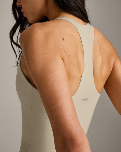 SoftMotion™ Racer Back Dress with Built in Shorts with Grey Logo | Oatmeal