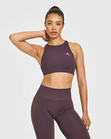 EasyLift™ High Neck Sports Bra with White Logo | Dark Umber Brown