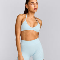 EnhanceLift™ Seamless Minimal Halter Neck Bralette with Gray Logo | Cloud Blue