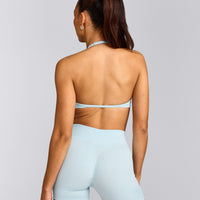 EnhanceLift™ Seamless Minimal Halter Neck Bralette with Gray Logo | Cloud Blue