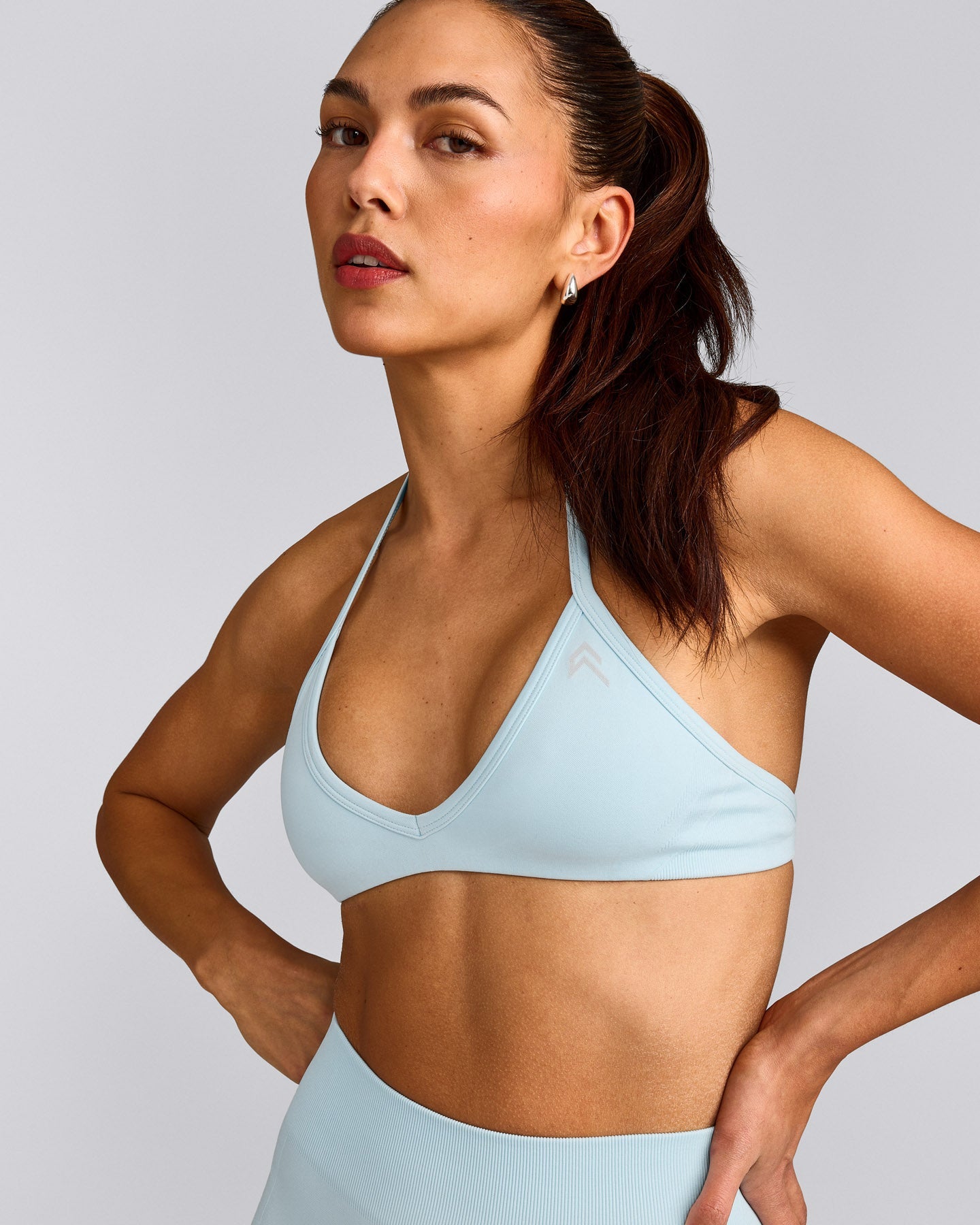 EnhanceLift™ Seamless Minimal Halter Neck Bralette with Gray Logo | Cloud Blue