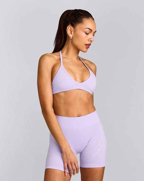 EnhanceLift™ Seamless Minimal Halter Neck Bralette with Gray Logo | Lavender Purple