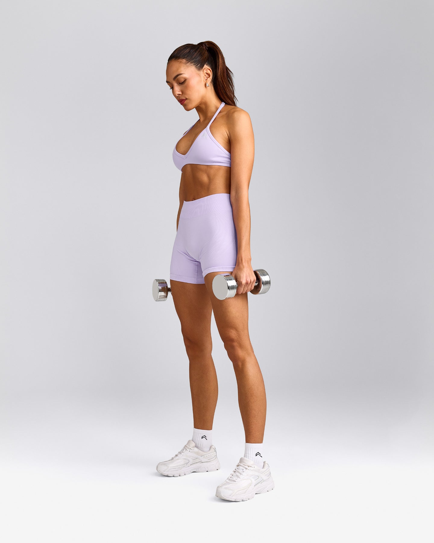 EnhanceLift™ Seamless Minimal Halter Neck Bralette with Gray Logo | Lavender Purple