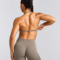 EnhanceLift™ Seamless Minimal Halter Neck Bralette with Gray Logo | Warm Minky