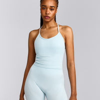 EnhanceLift™ Seamless Strappy Racer Tank Top with Built in Bra Shelf with Gray Logo | Cloud Blue