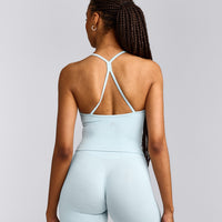 EnhanceLift™ Seamless Strappy Racer Tank Top with Built in Bra Shelf with Gray Logo | Cloud Blue