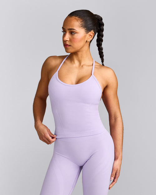 EnhanceLift™ Seamless Strappy Racer Tank Top with Built in Bra Shelf with Gray Logo | Lavender Purple