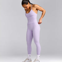 EnhanceLift™ Seamless Strappy Racer Tank Top with Built in Bra Shelf with Gray Logo | Lavender Purple