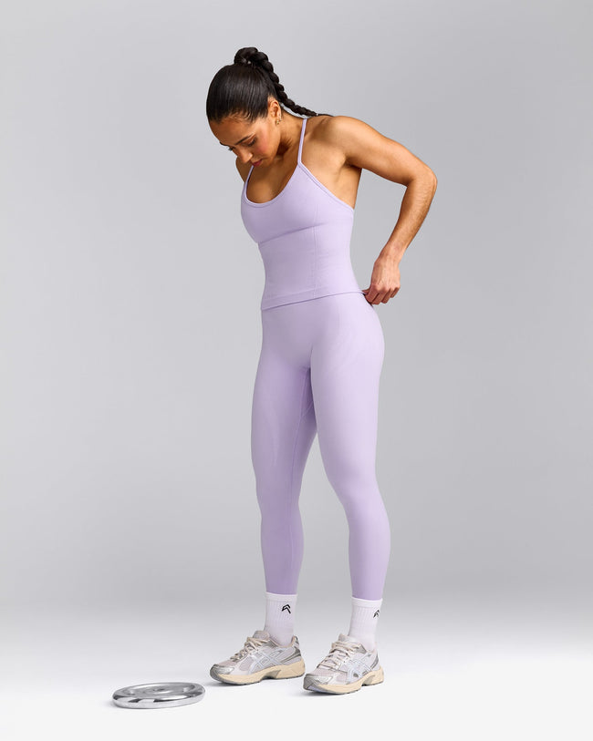 EnhanceLift™ Seamless Strappy Racer Tank Top with Built in Bra Shelf with Gray Logo | Lavender Purple