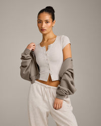 Mellow™ Rib Mid Short Sleeve Cardigan | Oat Marl