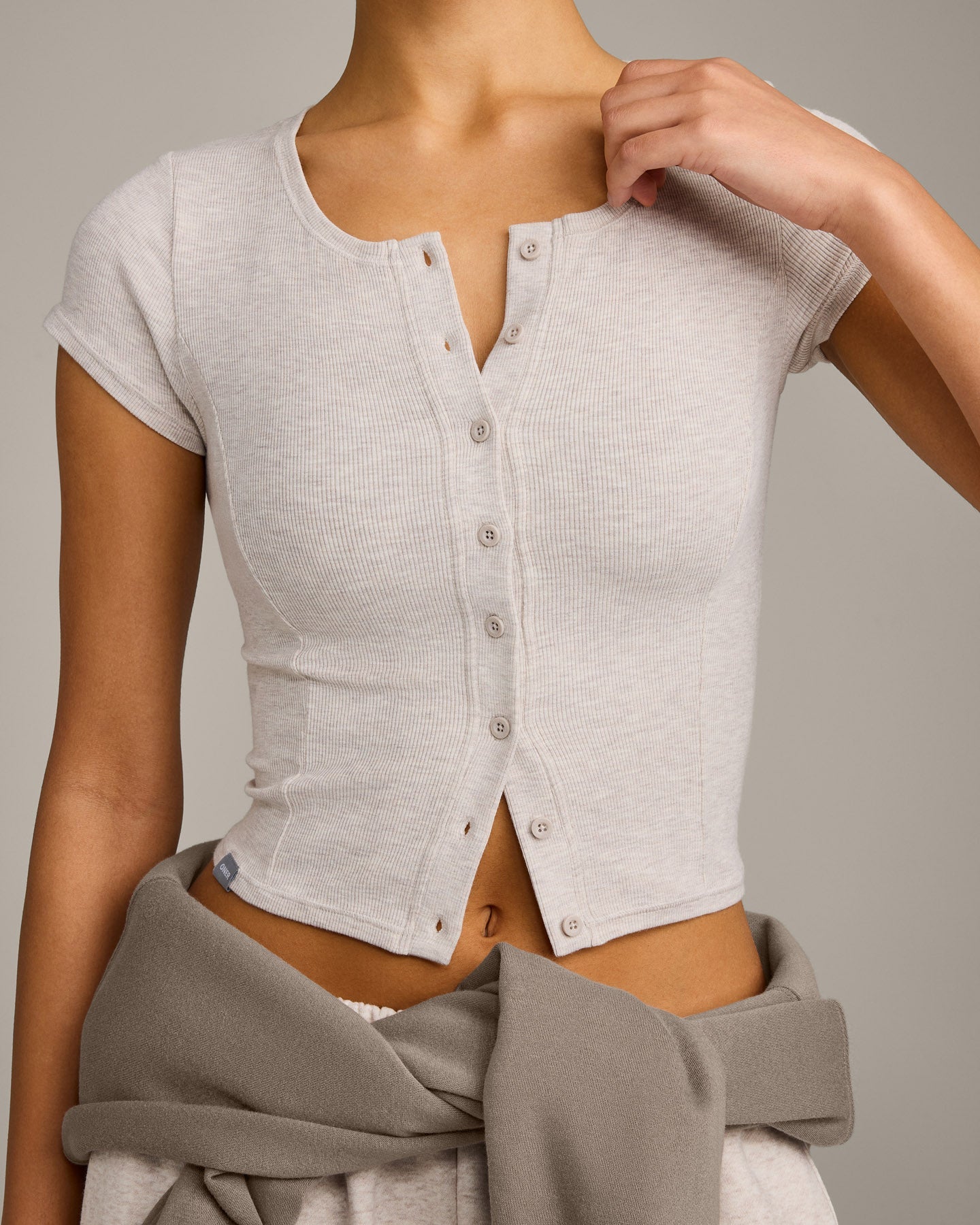 Mellow™ Rib Mid Short Sleeve Cardigan | Oat Marl