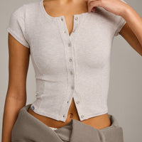 Mellow™ Rib Mid Short Sleeve Cardigan | Oat Marl