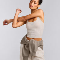 Mellow™ Rib Racer Back Mid Tank Top with Built in Bra Shelf | Oat Marl