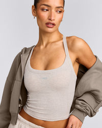 Mellow™ Rib Racer Back Mid Tank Top with Built in Bra Shelf | Oat Marl