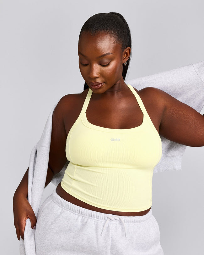 Mellow™ Rib Racer Back Mid Tank Top with Built in Bra Shelf | Pastel Yellow