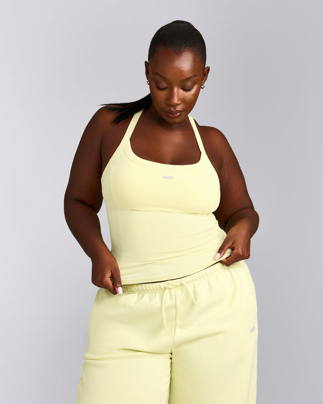 Mellow™ Rib Racer Back Tank Top with Built in Bra Shelf | Pastel Yellow