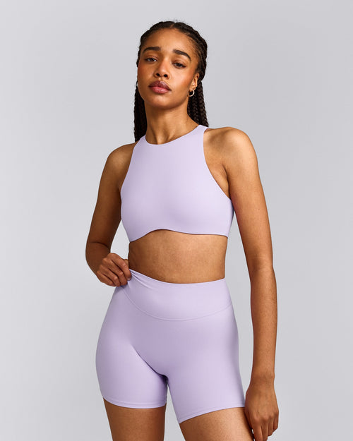 SoftMotion™ High Neck Sports Bra with Gray Logo | Lavender Purple