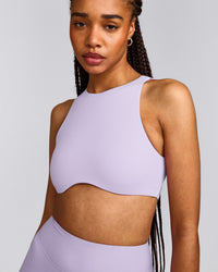 SoftMotion™ High Neck Sports Bra with Gray Logo | Lavender Purple