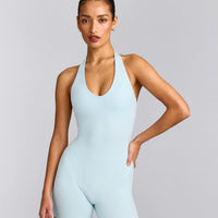 SoftMotion™ Halter Neck All In One Short with Gray Logo | Cloud Blue