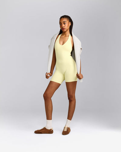 SoftMotion™ Halter Neck All In One Short with Gray Logo | Pastel Yellow