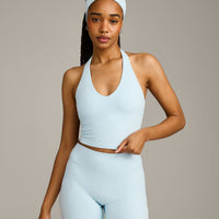 SoftMotion™ Halter Neck Mid Vest with Built in Bra Shelf with Grey Logo | Cloud Blue