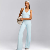 SoftMotion™ Halter Neck Mid Tank Top with Built in Bra Shelf with Gray Logo | Cloud Blue