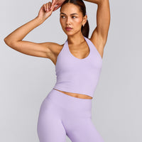SoftMotion™ Halter Neck Mid Tank Top with Built in Bra Shelf with Gray Logo | Lavender Purple