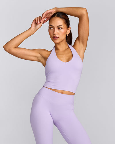 SoftMotion™ Halter Neck Mid Tank Top with Built in Bra Shelf with Gray Logo | Lavender Purple