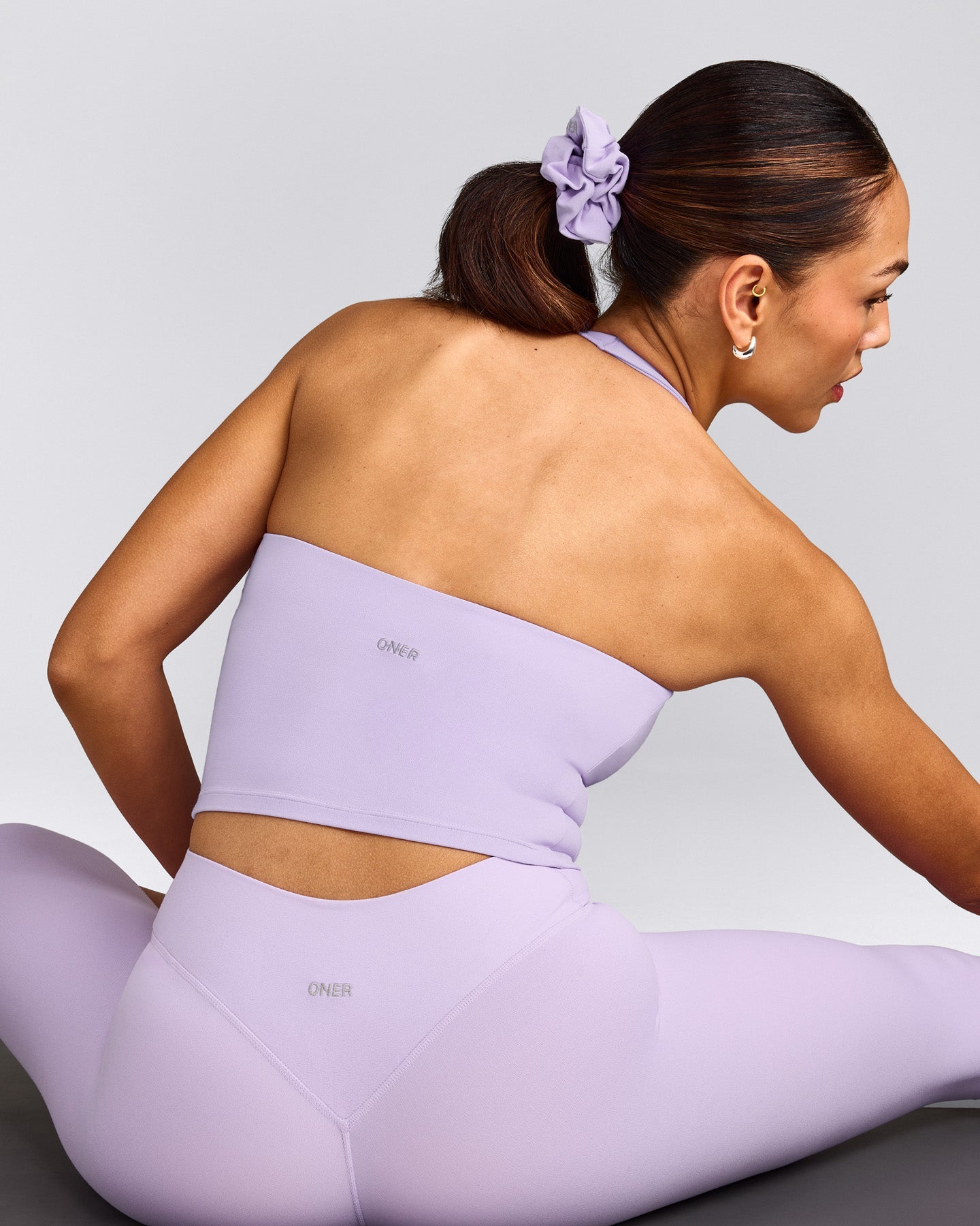 SoftMotion™ Halter Neck Mid Tank Top with Built in Bra Shelf with Gray Logo | Lavender Purple