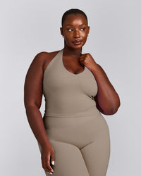 SoftMotion™ Halter Neck Mid Tank Top with Built in Bra Shelf with Gray Logo | Minky