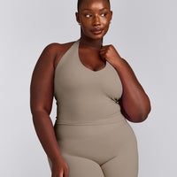 SoftMotion™ Halter Neck Mid Tank Top with Built in Bra Shelf with Gray Logo | Minky