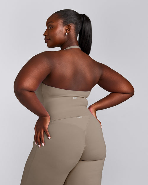 SoftMotion™ Halter Neck Mid Tank Top with Built in Bra Shelf with Gray Logo | Minky