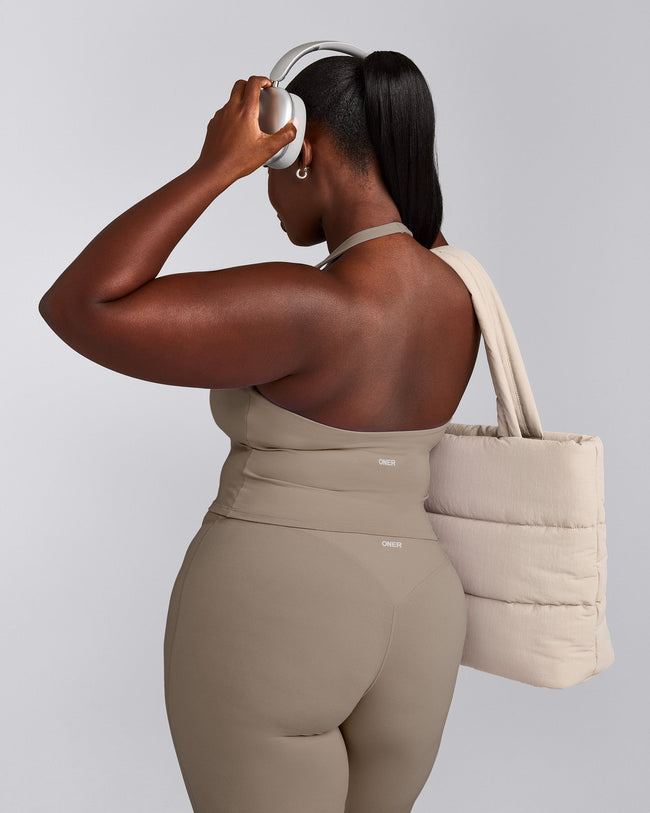 SoftMotion™ Halter Neck Mid Tank Top with Built in Bra Shelf with Gray Logo | Minky