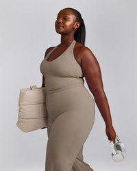 SoftMotion™ Halter Neck Mid Tank Top with Built in Bra Shelf with Gray Logo | Minky