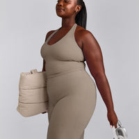 SoftMotion™ Halter Neck Mid Tank Top with Built in Bra Shelf with Gray Logo | Minky